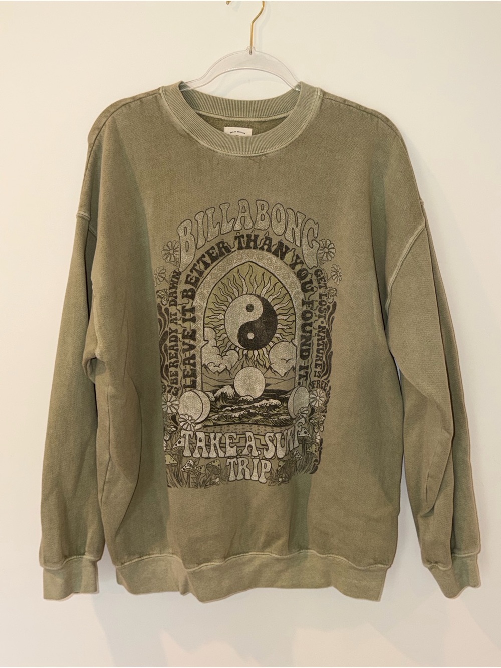 Billabong Olive Graphic Crew Sweatshirt with Black Print